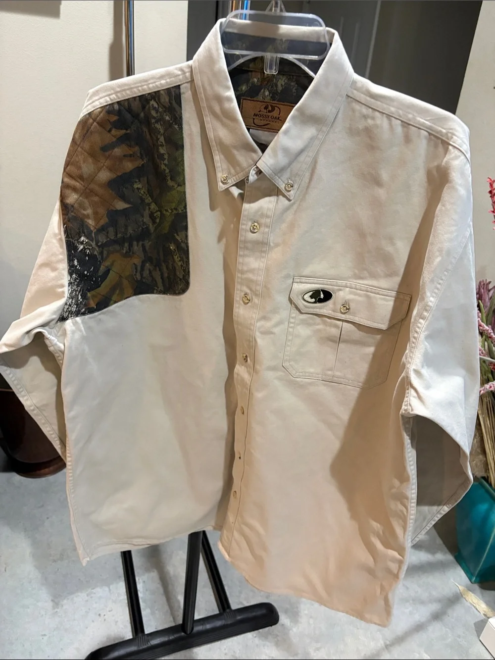 Mossy Oak Men's Tan Cotton Button-Down with Camo Shoulder